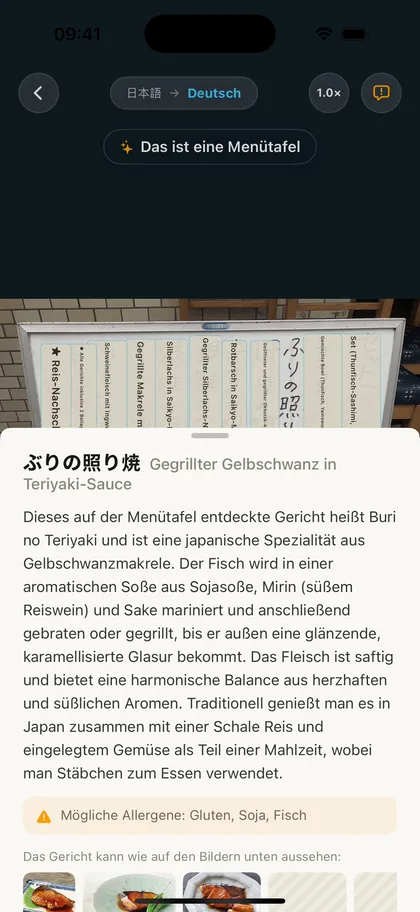 Ein Tipp auf ein Gericht der übersetzten Speisekarte öffnet eine Beschreibung mit Allergenen und Referenzfotos