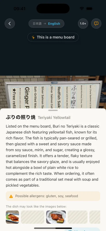 Tapping a dish on the translated menu opens an introduction with allergen notes and reference photos