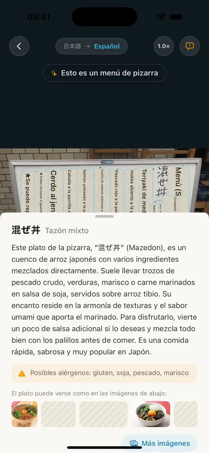 Al tocar un plato del menú traducido se abre una descripción con alérgenos y fotos de referencia