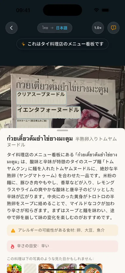 翻訳されたメニューで料理をタップすると、説明・アレルゲン・参考写真が表示される