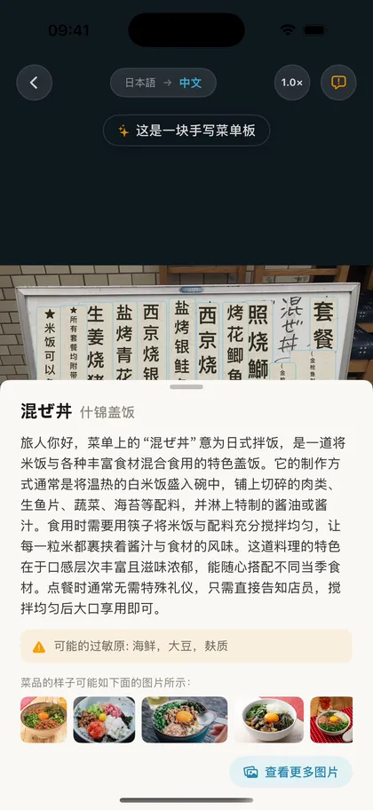 在翻译好的菜单上点一道菜，弹出菜品介绍、过敏原提示和参考图片