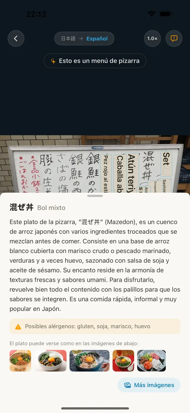 Detalle del plato con descripción, alérgenos y fotos