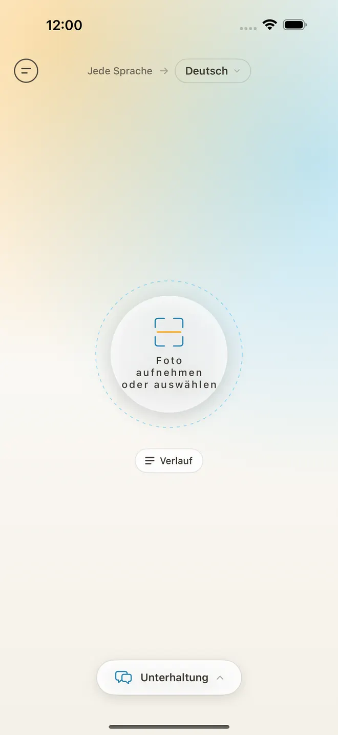 Startbildschirm von TransLemon mit der Sprachauswahl