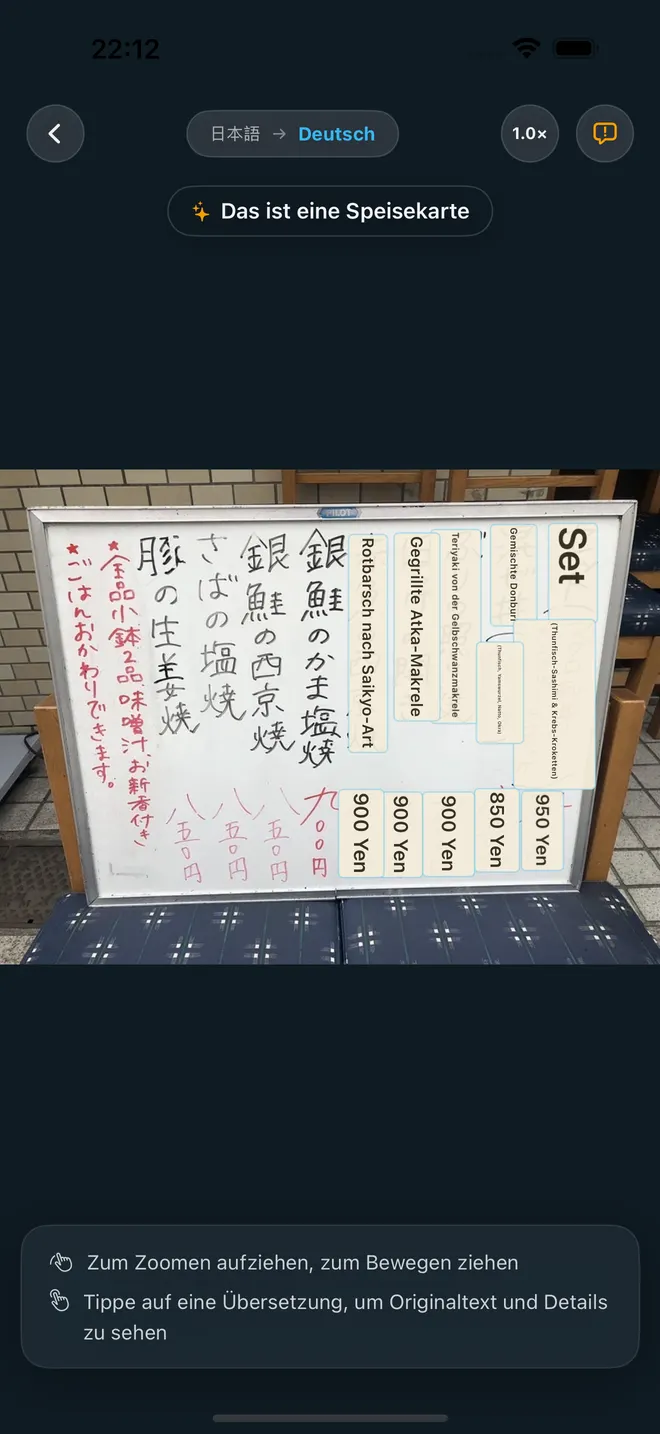 Übersetzte japanische Menütafel mit deutschem Text darüber